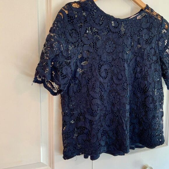 Nanette Lepore Navy Blue Lace Overlay Short Sleeve Top Large - Picture 4 of 11